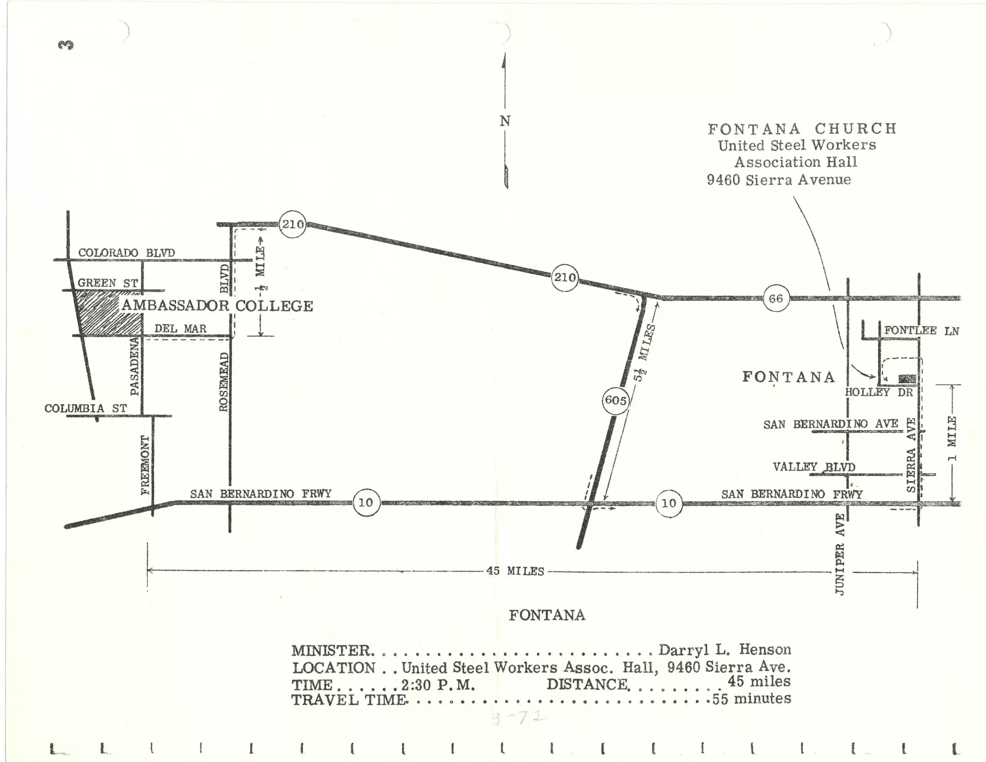 Fontana, Calif church location map & info, 3-1972